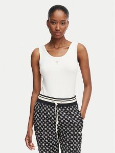 Guess Top V6YP09 K4312 Kremowy Regular Fit. Białe topy Guess, s, z aplikacjami, z bawełny, bez kołnierzyka, bez ramiączek. Za 154,99 zł.