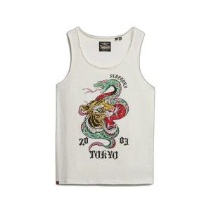 Top bez rękawów z odkrytymi ramionami dla kobiet Superdry Neo Trad Tattoo. Białe topy Superdry, bez wzorów, bez kołnierzyka, bez ramiączek. Za 131,70 zł.