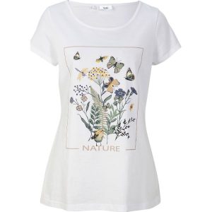 T-shirt bawełniany z nadrukiem. Żółte t-shirty bonprix, bez wzorów, z bawełny, bez kołnierzyka, bez ramiączek. Za 39,99 zł.