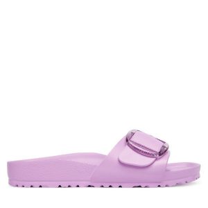 Klapki Birkenstock. Fioletowe klapki Birkenstock, bez wzorów, bez obcasa. Za 229,99 zł.