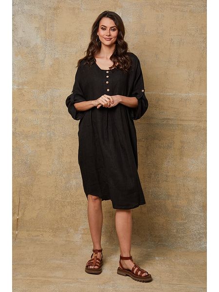 Fleur de Lin Lniana sukienka "Cadence" w kolorze czarnym rozmiar: M. Czarne sukienki Fleur de Lin, m, bez wzorów, ze lnu, bez kołnierzyka, bez ramiączek, midi. Za 184,46 zł.