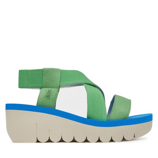 Sandały Fly London. Zielone sandały Fly London, bez wzorów, bez obcasa, na koturnie, bez zapięcia. Za 289,99 zł.