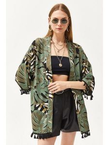 Trendyol Kimono w kolorze czarno-brązowo-zielonym rozmiar: M. Brązowe swetry oversize Trendyol, m, bez wzorów, z bawełny, bez ramiączek. Za 66,00 zł.