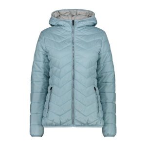 Kurtka puchowa z kapturem damska z diagonalnymi szwami CMP. Niebieskie kurtki CMP, na zimę, s, bez wzorów, z puchu, z kapturem. Za 508,50 zł.