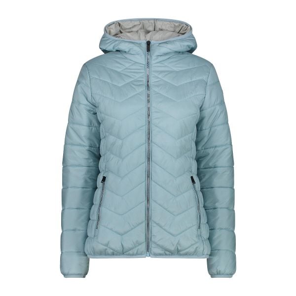 Kurtka puchowa z kapturem damska z diagonalnymi szwami CMP. Niebieskie kurtki CMP, na zimę, s, bez wzorów, z puchu, z kapturem. W wyprzedaży za 542,75 zł.