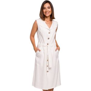 Sukienka koszulowa na lato szmizjerka midi z paskiem i guzikami ecru. Sukienki Sukienki.shop, na co dzień, na lato, s, bez wzorów, z materiału, bez kołnierzyka, bez ramiączek, midi, koszulowe. Za 339,00 zł.