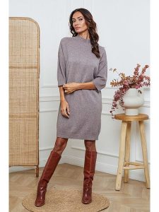 So Cachemire Sukienka dzianinowa "Major" w kolorze szarobrązowym rozmiar: XL. Brązowe sukienki So Cachemire, na co dzień, xl, bez wzorów, z dzianiny, bez kołnierzyka, bez ramiączek, midi, proste. Za 192,33 zł.
