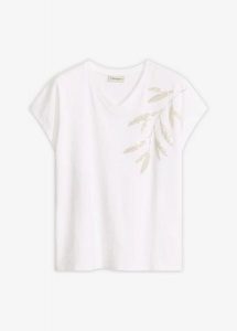 T-shirt z bawełny organcznej. Białe t-shirty bonprix, z aplikacjami, z bawełny, bez kołnierzyka, bez ramiączek. Za 67,99 zł.
