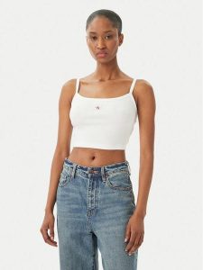 Calvin Klein Jeans Top LV047F221G Biały Slim Fit. Białe topy Calvin Klein Jeans, s, bez wzorów, z bawełny, bez kołnierzyka, bez ramiączek. Za 129,99 zł.