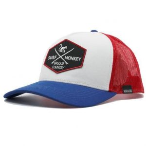 Czapka Trucker - 5 Paneli / Z Recyklingu (Niebiesko-Czerwony). Czerwone czapki SURF MONKEY, z aplikacjami, z bawełny. Za 135,96 zł.