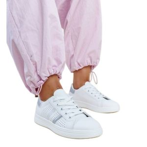 Biało-srebrne sneakersy eko skóra Berdine białe. Białe trampki bez wzorów, ze skóry, bez zapięcia. Za 79,62 zł.