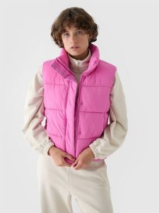 4F Bezrękawnik puchowy z wypełnieniem syntetycznym damski - różowy M. Czerwone kamizelki 4f, m, bez wzorów, z dzianiny, bez kołnierzyka, bez ramiączek, bez kaptura. W wyprzedaży za 79,99 zł.