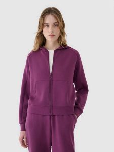 4F Bluza dresowa rozpinana z modalem damska - fioletowa XS. Fioletowe bluzy 4f, xs, bez wzorów, z dresówki, z kapturem. W wyprzedaży za 139,99 zł.