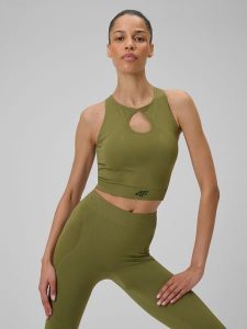 4F Top do jogi slim szybkoschnący damski - oliwkowy M/L. Brązowe topy 4f, l, bez wzorów, z włókna, klasyczne, bez kołnierzyka, bez ramiączek. Za 119,99 zł.