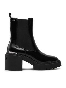 DKNY Botki Thana K4477867 Czarny. Czarne botki DKNY, bez wzorów, z lakierowanej skóry, bez obcasa, na słupku, bez zapięcia. Za 459,99 zł.