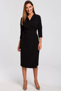 Elegancka sukienka kopertowa midi z paskiem czarna. Czarne sukienki Stylove, do pracy, l, bez wzorów, z elastanu, biznesowe, bez kołnierzyka, bez ramiączek, midi, dopasowane. Za 309,00 zł.