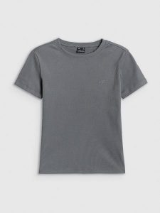 4F T-shirt slim prążkowany damski - szary M. Szare t-shirty 4f, m, bez wzorów, z dzianiny, bez kołnierzyka, bez ramiączek. Za 49,99 zł.