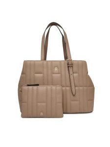 Tommy Hilfiger Torebka Th Feminine Tote AW0AW17452 Beżowy. Brązowe torebki klasyczne TOMMY HILFIGER, bez wzorów, ze skóry, bez dodatków. Za 609,99 zł.