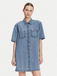 Guess Jeans Sukienka jeansowa W5GK99 D5M81 Niebieski Regular Fit. Niebieskie kombinezony Guess Jeans, m, z aplikacjami, z bawełny, bez kołnierzyka, bez ramiączek. Za 219,99 zł.