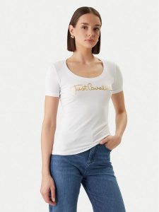 Just Cavalli T-Shirt 80PAHT02 CJ502 Biały Slim Fit. Białe t-shirty Just Cavalli, xs, bez wzorów, z bawełny, bez kołnierzyka, bez ramiączek. Za 217,99 zł.