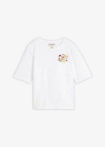 T-shirt z czystej bawełny organicznej, z haftem. Białe t-shirty bonprix, bez wzorów, z bawełny, bez kołnierzyka, bez ramiączek. Za 52,99 zł.