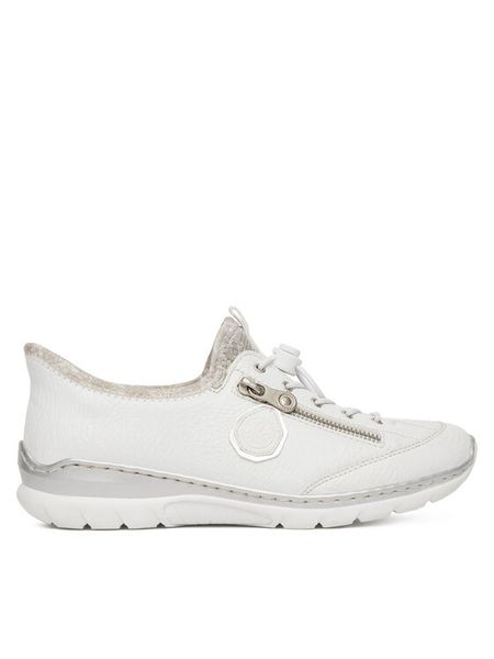 Rieker Półbuty L32F1-80 Biały. Białe półbuty Rieker, bez wzorów, ze skóry, bez obcasa, na płaskiej podeszwie, bez zapięcia. Za 359,99 zł.