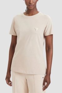 GUESS Kremowy damski t-shirt na krótki rękaw Colette, Rozmiar M. Brązowe t-shirty Guess, m, z aplikacjami, bez kołnierzyka, bez ramiączek. W wyprzedaży za 159,99 zł.