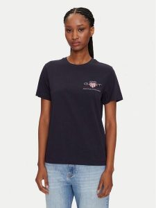 Gant T-Shirt Bisiklet Yaka 4200277 Granatowy Regular Fit. Niebieskie t-shirty GANT, m, bez wzorów, z bawełny, bez kołnierzyka, bez ramiączek. Za 199,99 zł.