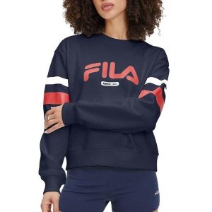 Bluza damska turystyczna Fila Latur Graphic Crew Sweat granatowa. Niebieskie bluzy Fila, m, bez wzorów, bez kaptura. Za 299,00 zł.