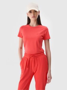 4F T-shirt slim gładki damski - czerwony XS. Czerwone t-shirty 4f, xs, bez wzorów, z bawełny, bez kołnierzyka, bez ramiączek. Za 39,99 zł.