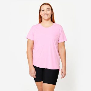 Koszulka fitness damska Domyos Puls Size krótki rękaw. Czerwone bluzki DOMYOS, l, bez wzorów, z elastanu, sportowe, bez kołnierzyka, plus size, bez ramiączek. Za 39,99 zł.