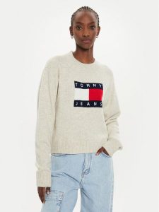 Tommy Jeans Sweter Flag DW0DW18681 Beżowy Relaxed Fit. Brązowe swetry klasyczne Tommy Jeans, l, z jeansu, bez kołnierzyka. Za 269,99 zł.