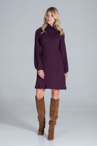 Dzianinowa Sukienka z Golfem - Fioletowa. Fioletowe sukienki Figl, xl, bez wzorów, z dzianiny, bez kołnierzyka, bez ramiączek, rozkloszowane. Za 289,00 zł.