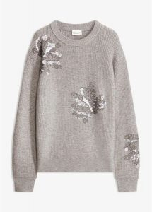 Sweter z aplikacją. Szare swetry klasyczne bonprix, bez kołnierzyka. Za 169,99 zł.
