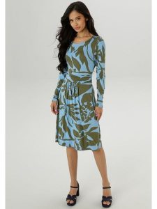 Aniston Sukienka w kolorze oliwkowo-niebieskim rozmiar: 40. Niebieskie sukienki Aniston, bez wzorów, z wiskozy, bez kołnierzyka, bez ramiączek, midi. Za 95,99 zł.