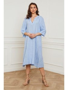 Plume Lniana sukienka "Devalone" w kolorze błękitnym rozmiar: XL. Niebieskie sukienki Plume, xl, bez wzorów, ze lnu, bez kołnierzyka, bez ramiączek, midi. Za 237,17 zł.