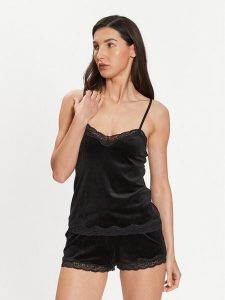 Hunkemöller Koszulka piżamowa Scallop 185927 Czarny Basic Fit. Czarne koszule nocne Hunkemöller, bez wzorów, z syntetyku, bez ramiączek. Za 69,99 zł.