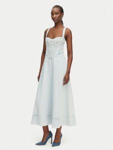 Bardot Sukienka jeansowa Lilah 91413DB2 Niebieski Regular Fit. Niebieskie sukienki Bardot, bez wzorów, z jeansu, bez kołnierzyka, bez ramiączek. Za 631,99 zł.