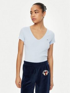 Tommy Jeans T-Shirt Essential DW0DW17385 Błękitny Slim Fit. Niebieskie t-shirty Tommy Jeans, xs, bez wzorów, z bawełny, bez kołnierzyka, bez ramiączek. Za 99,99 zł.