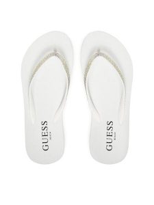 Guess Japonki E5GZ05BB00F Biały. Białe klapki Guess, z aplikacjami, z tworzywa sztucznego, bez obcasa. Za 119,99 zł.