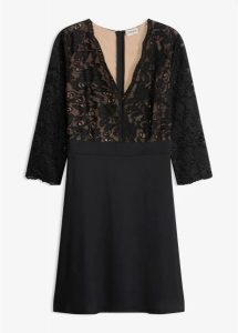 Sukienka koktajlowa z koronką. Czarne sukienki bonprix, bez wzorów, z koronki, eleganckie, bez kołnierzyka, bez ramiączek. Za 219,99 zł.