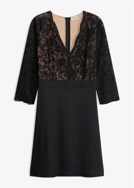 Sukienka koktajlowa z koronką. Czarne sukienki bonprix, bez wzorów, z koronki, eleganckie, bez kołnierzyka, bez ramiączek. Za 219,99 zł.