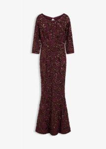 Długa sukienka z cekinami i wycięciem na plecach. Czerwone sukienki bonprix, bez wzorów, bez kołnierzyka, bez ramiączek, maxi. Za 509,99 zł.
