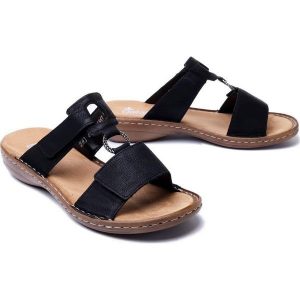RIEKER 60885-00 black, klapki damskie. Czarne klapki Rieker, bez wzorów, bez obcasa. Za 231,92 zł.