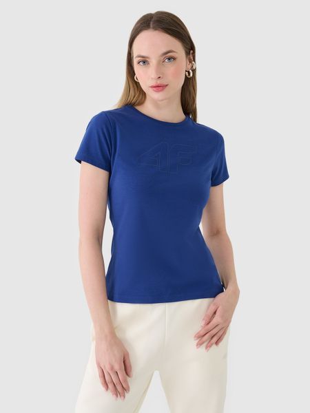 4F T-shirt slim z nadrukiem damski - granatowy S. Niebieskie t-shirty 4f, s, bez wzorów, z bawełny, bez kołnierzyka, bez ramiączek. W wyprzedaży za 39,99 zł.