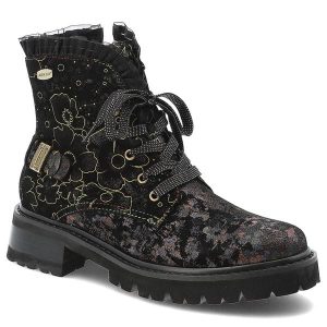 Czarne Botki Laura Vita Eleganckie Obuwie Damskie. Czarne botki LAURA VITA, bez wzorów, z koronki, bez obcasa, bez zapięcia. Za 450,99 zł.