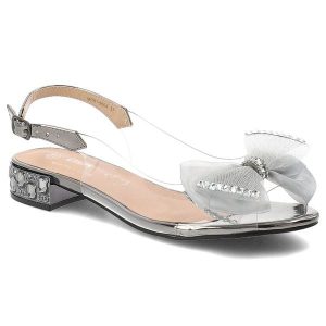 Sandały damskie S.Barski, transparentny pasek ozdobna kokarda zapinane sprzączką niski obcas elegancki fason, szare, MR61-9004. Szare sandały S.BARSKI, z aplikacjami, bez obcasa, na obcasie, bez zapięcia. Za 199,00 zł.