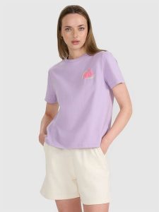 4F T-shirt oversize z nadrukiem damski - fioletowy XS. Fioletowe t-shirty 4f, xl, bez wzorów, z bawełny, bez kołnierzyka, bez ramiączek. W wyprzedaży za 39,99 zł.