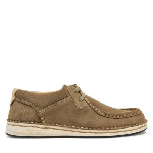 Półbuty Birkenstock. Brązowe półbuty Birkenstock, bez wzorów, bez obcasa, na płaskiej podeszwie, bez zapięcia. Za 488,99 zł.