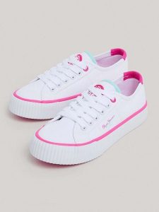 Pepe Jeans FOOTWEAR Sneakersy w kolorze biało-różowym rozmiar: 33. Białe trampki Pepe Jeans FOOTWEAR, bez wzorów, z jeansu, bez zapięcia. Za 83,22 zł.